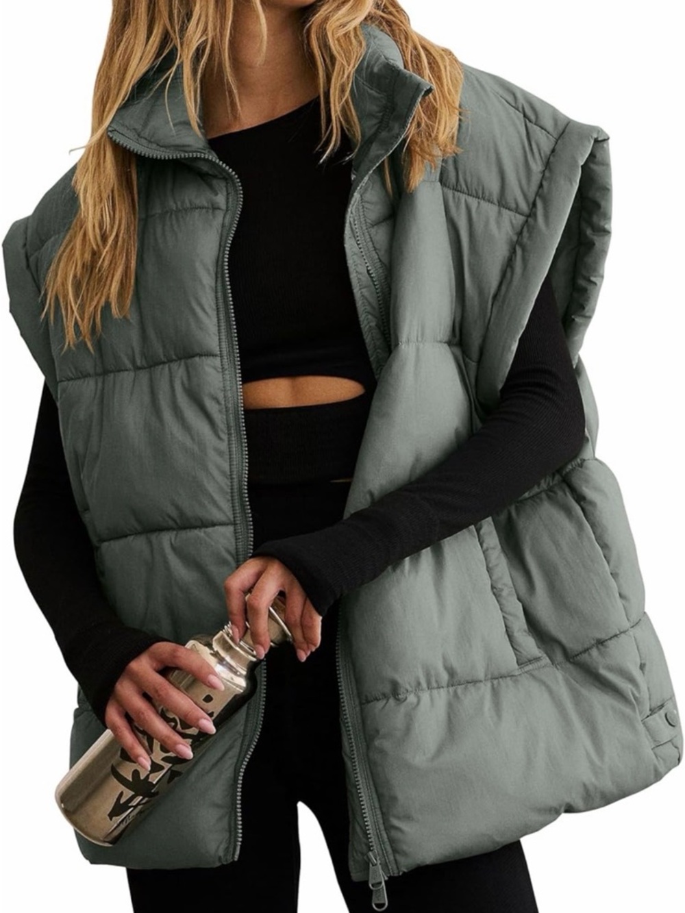 Oversized Quilted Puffer Vest in Green Sz XXL
